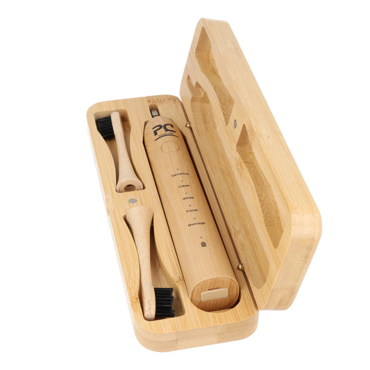 brosse à dents électrique en bambou Pulse Care dans coffret de rangement avec deux têtes de rechange