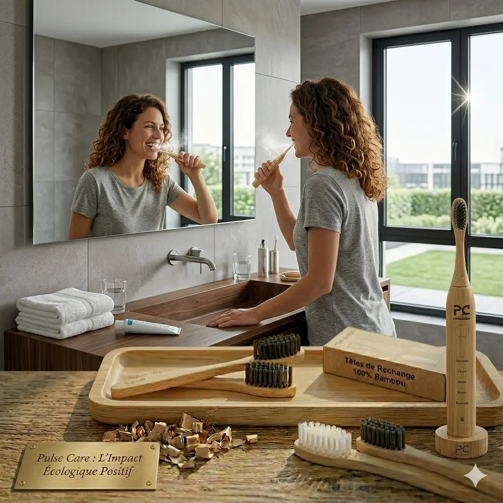 femme se brossant les dents avec une brosse à dents électrique composée de bambou