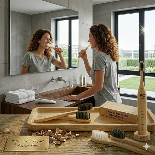femme se brossant les dents avec une brosse à dents électrique composée de bambou