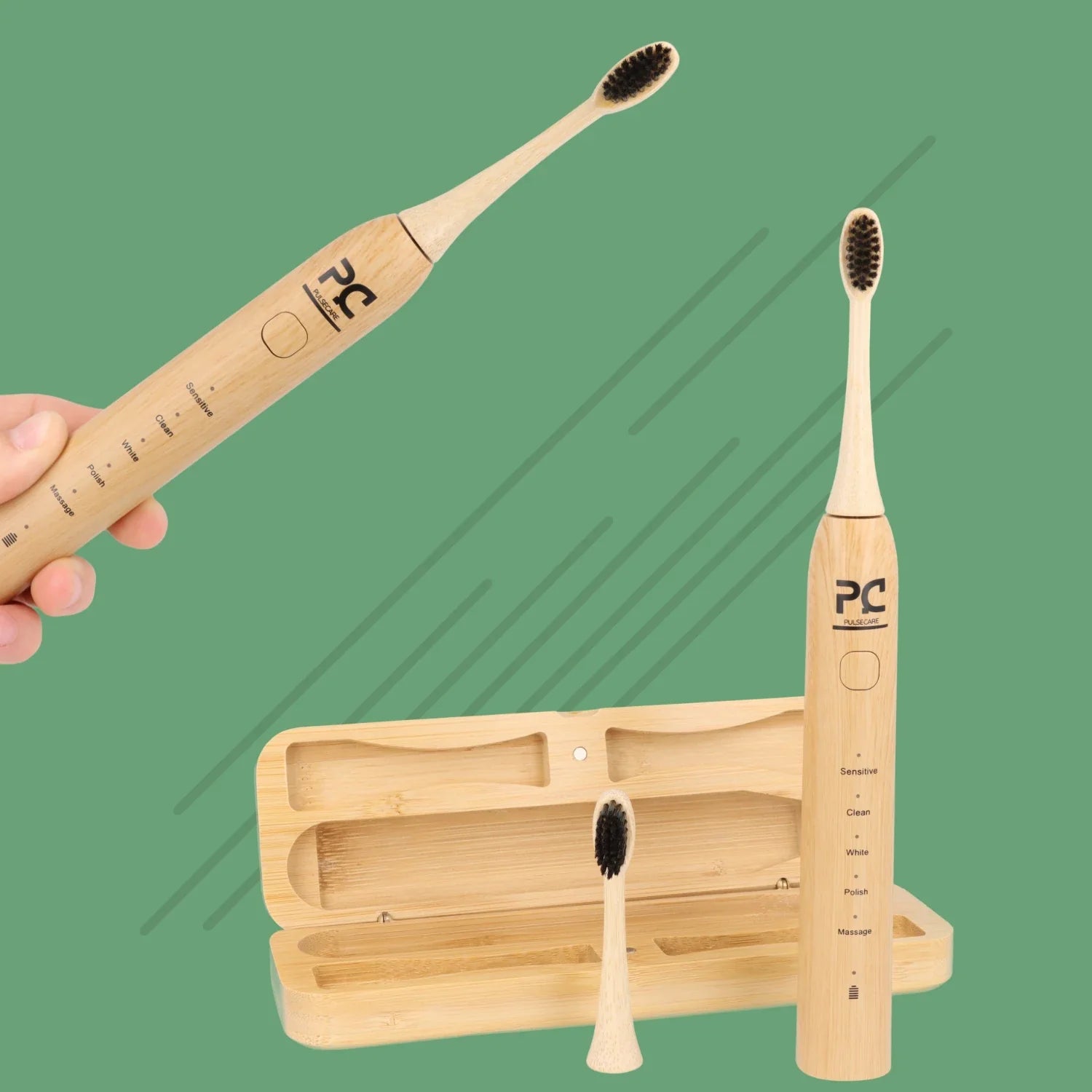 Brosse à dents électrique en bambou Pulse Care avec têtes de recharge et support en bois écologique