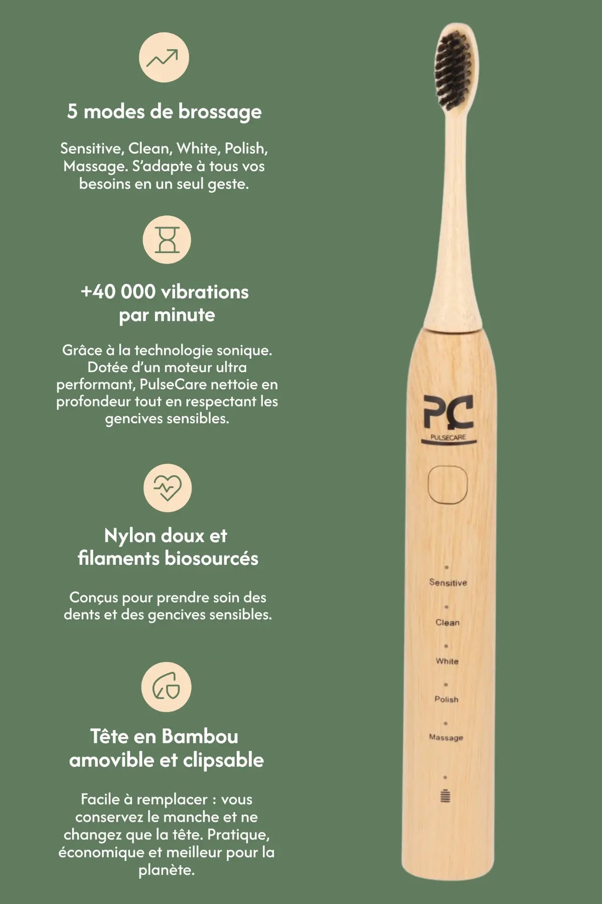 brosse à dents électrique écologique en bambou Pulse Care avec 5 modes de brossage et technologie sonique