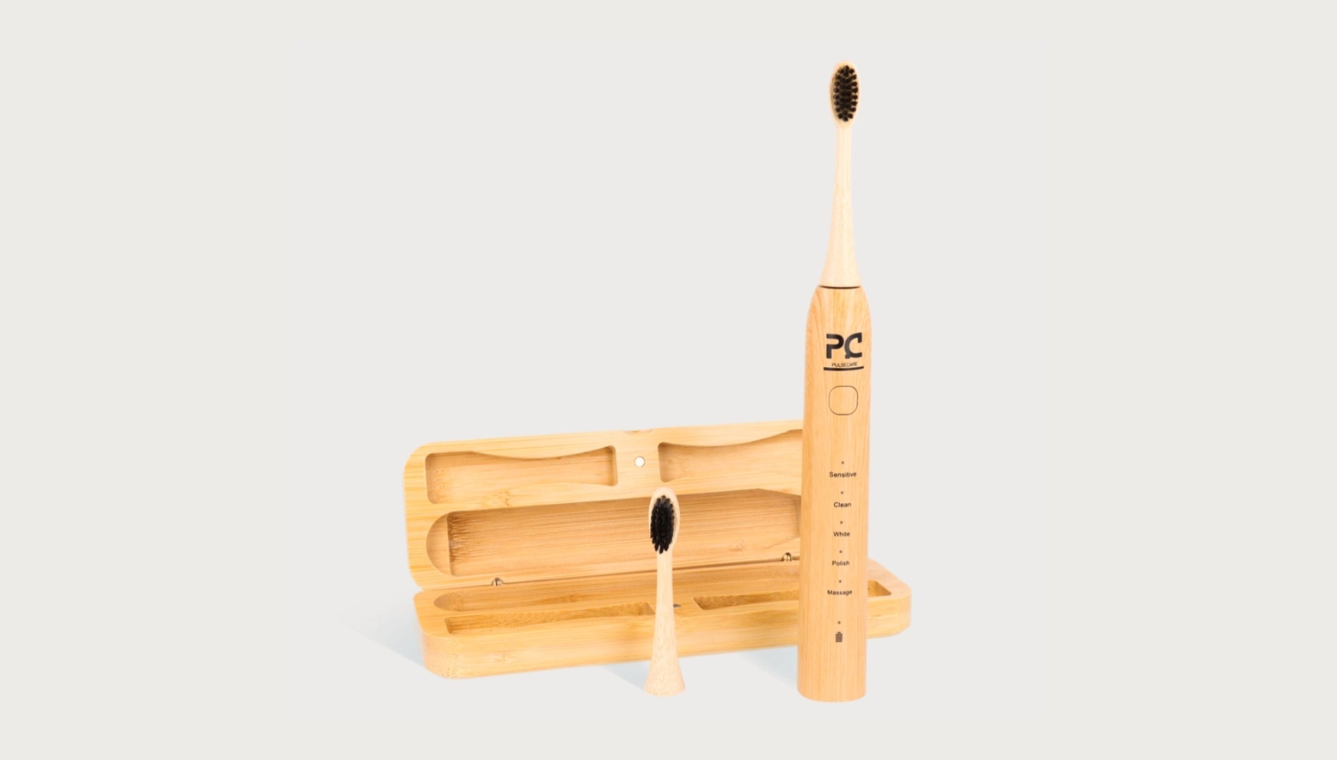 Brosse à dents électrique en bambou Pulse Care avec tête rechargeable et étui de rangement en bambou